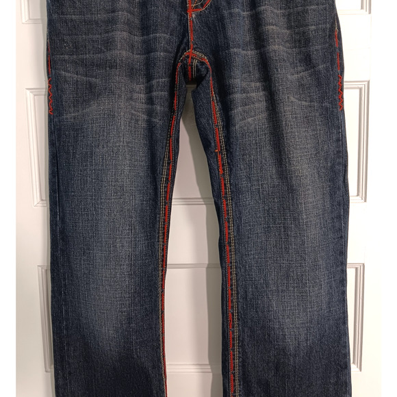 Vintage Y2K Bootcut Jeans 36 x 34 Skull Thick Stitch Embroidered Fading Whiskers - Picture 5 of 14